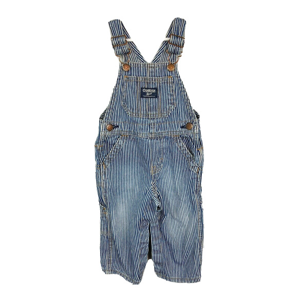 OshKosh‎ B'Gosh Overalls Jeans Boys 12M Blue White Striped Engineer Bib Vintage - Picture 1 of 10